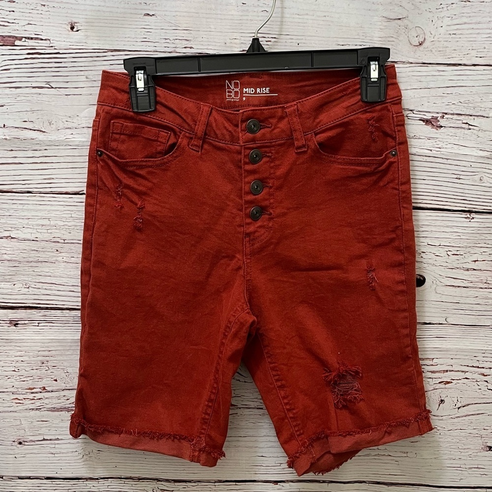 Juniors Orange Distressed Denim Bike Shorts